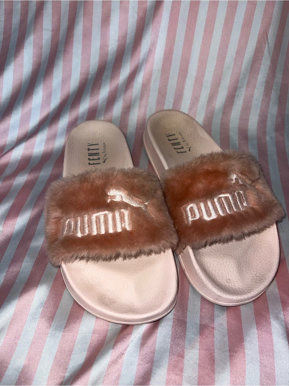 Puma Pink Fuzzy Slide Sandals with Rose Fur Strap